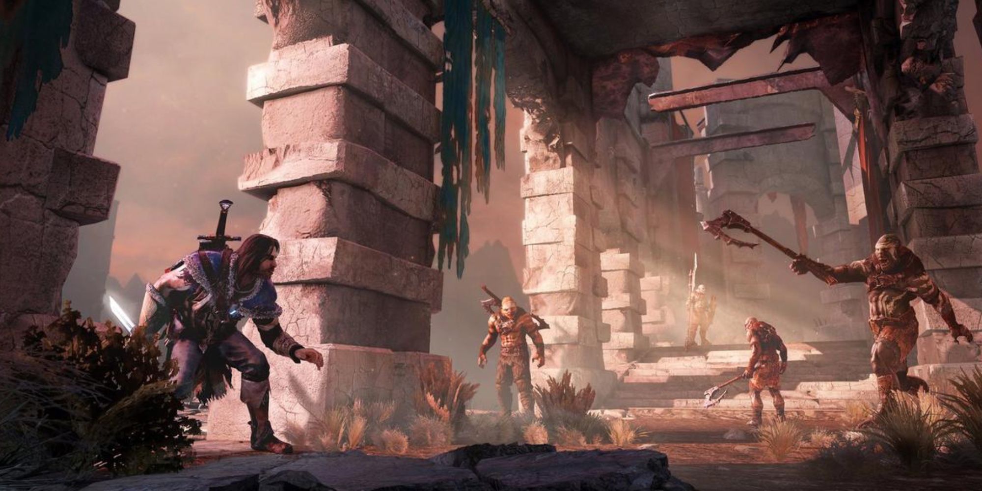 a character fighting orcs in middle earth shadow of mordor