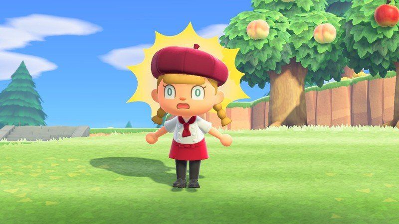 An Animal Crossing: New Horizons player is using the Shocked reaction. They're wearing blonde braids, a red beret, and a red chef's uniform.