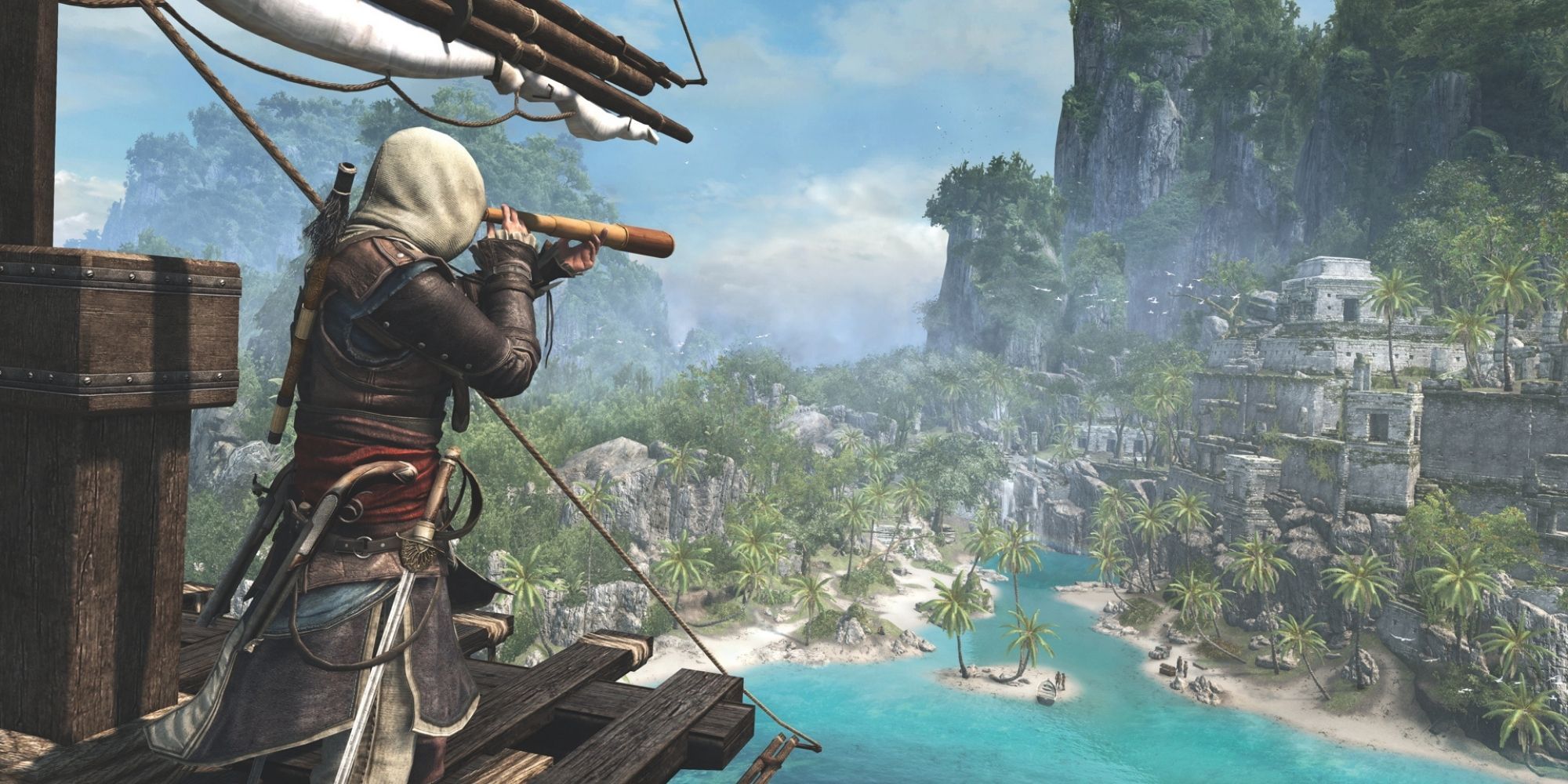 assasin's creed  black flag man looking from eagles nest to island
