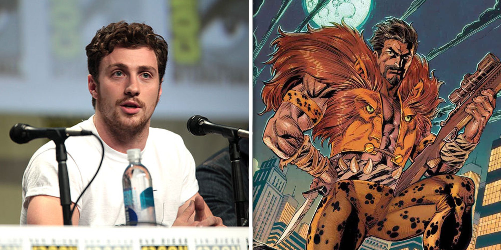 Split image: Aaron Taylor-Johnson at ComicCon on left. Kraven the Hunter holding a rifle on right.
