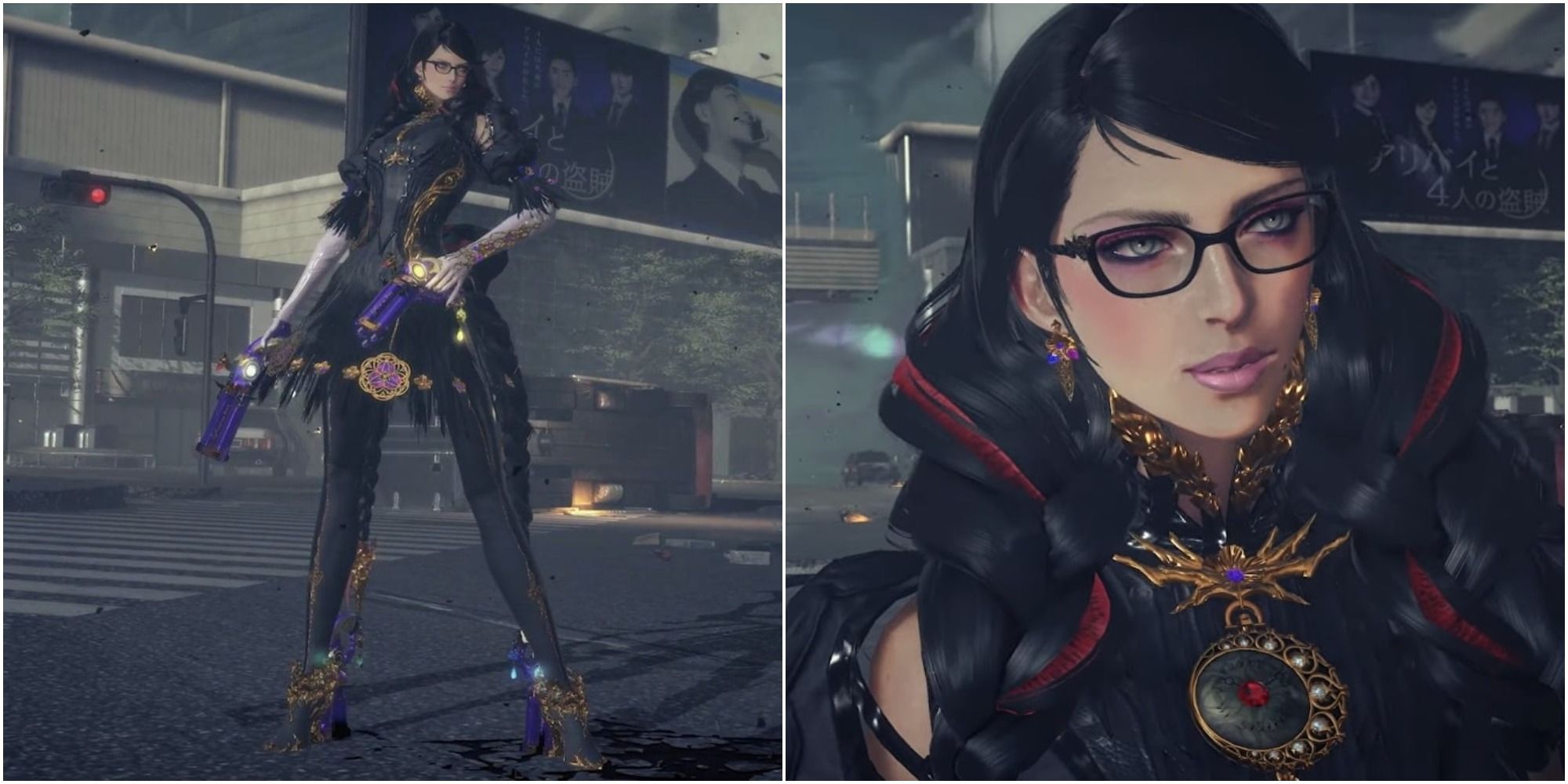 Bayonetta 3 outfit full body (left) and close up (right) from 2021 trailer