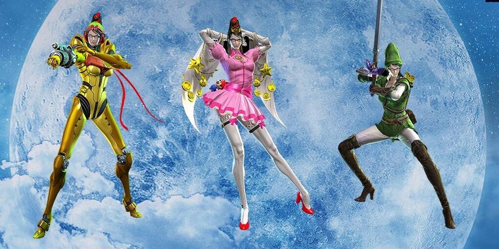 Bayonetta Nintendo Costumes of Samus, Princess Peach and Link from left to right on a moon background