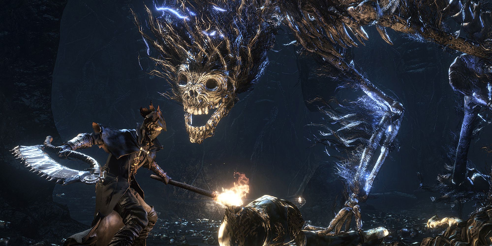 Bloodborne protagonist fighting a huge monster. Dark and grimy color palette. 