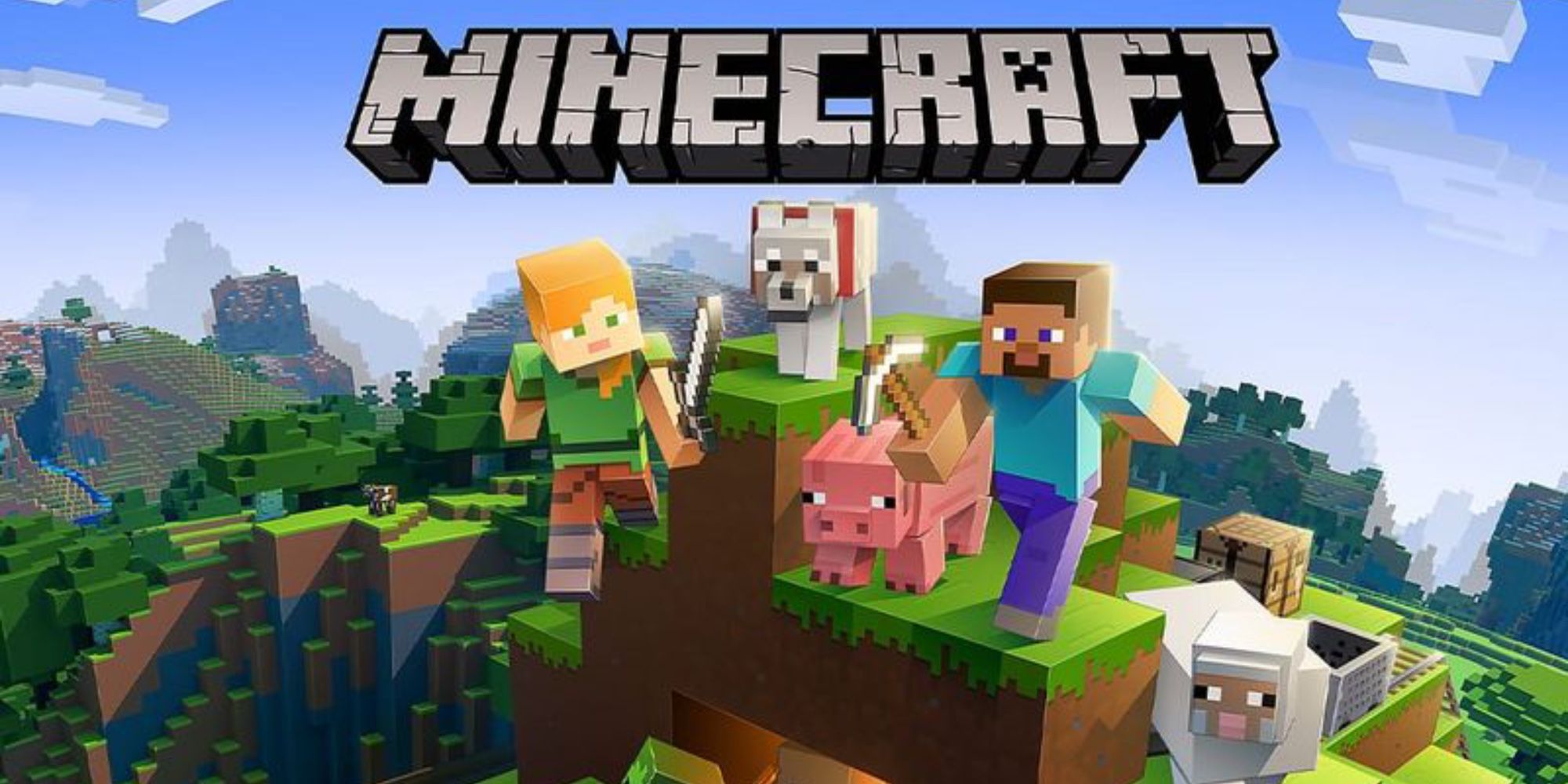 characters with animals exploring in minecraft