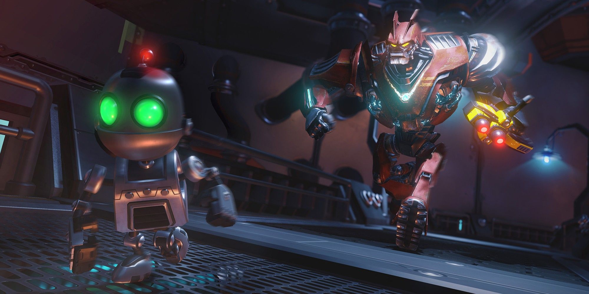 Clank running away from a giant robotic enemy in Ratchet & Clank