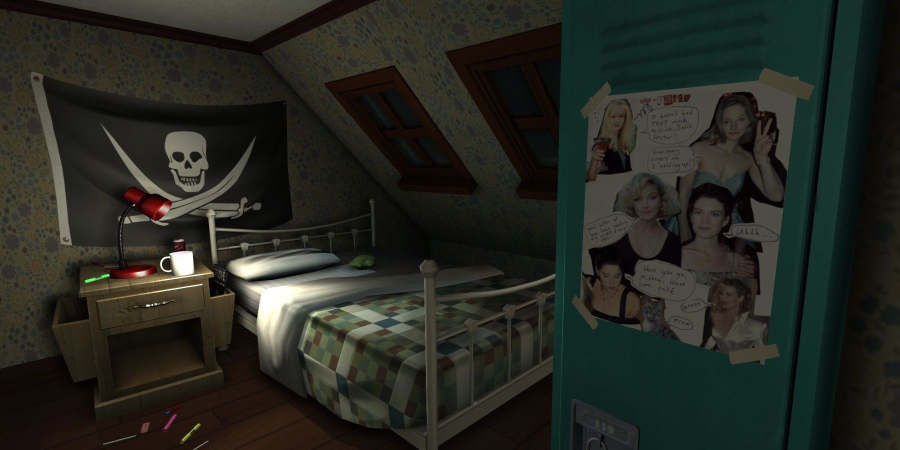 Bedroom with locker and pirate flag.