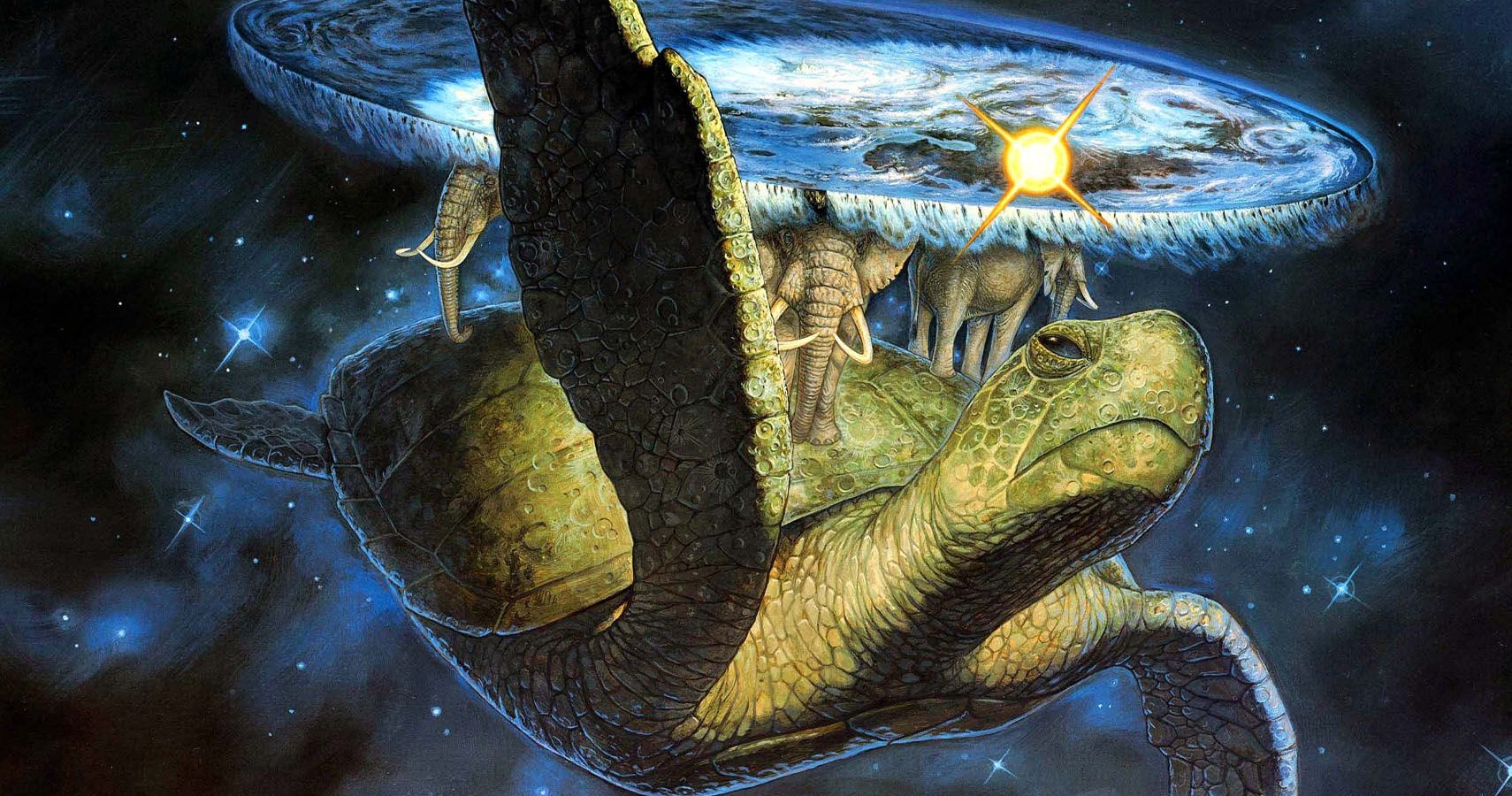 Discworld artwork, big space turtle with elephants on it