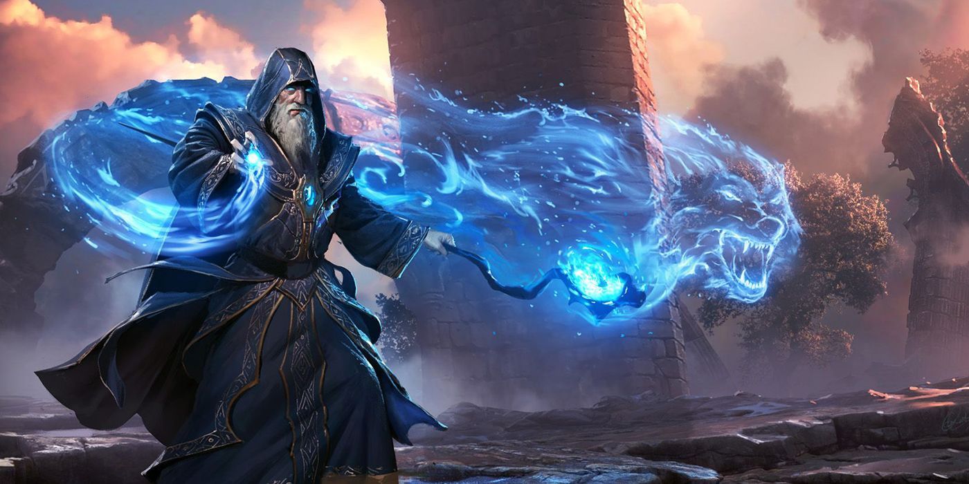 Wizard casting a blue spell in the shape of a dragon.