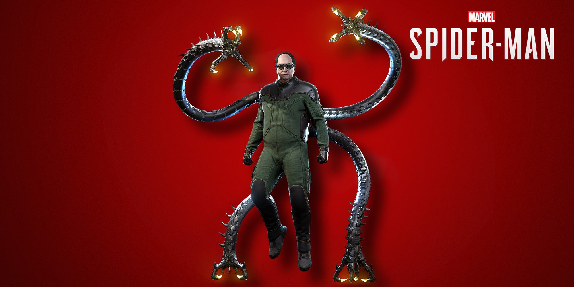Doctor Octopus stands ready to attack. Red background. Spider-Man logo in top right of image. 