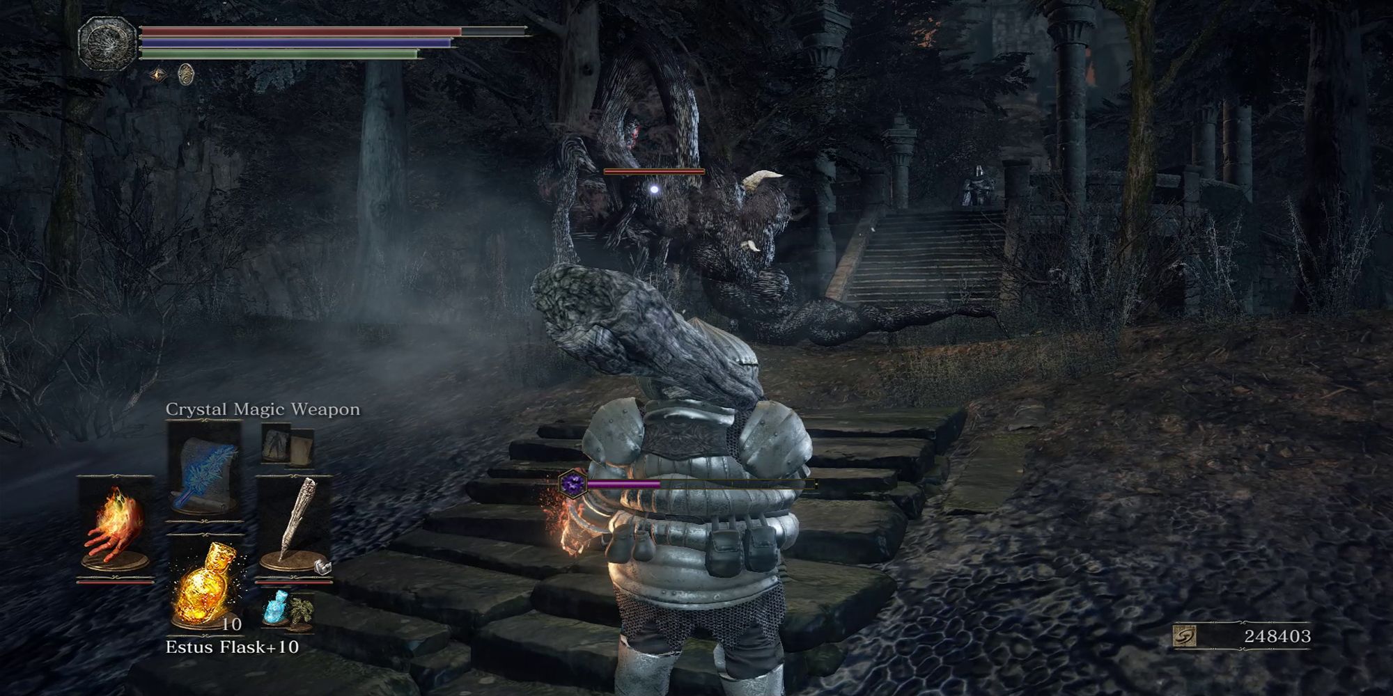Player standing in murky ruins, enemy ahead