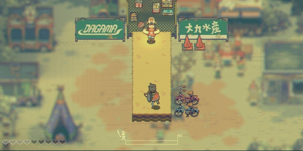 A screenshot showing gameplay from the baseball mini-game in Eastward
