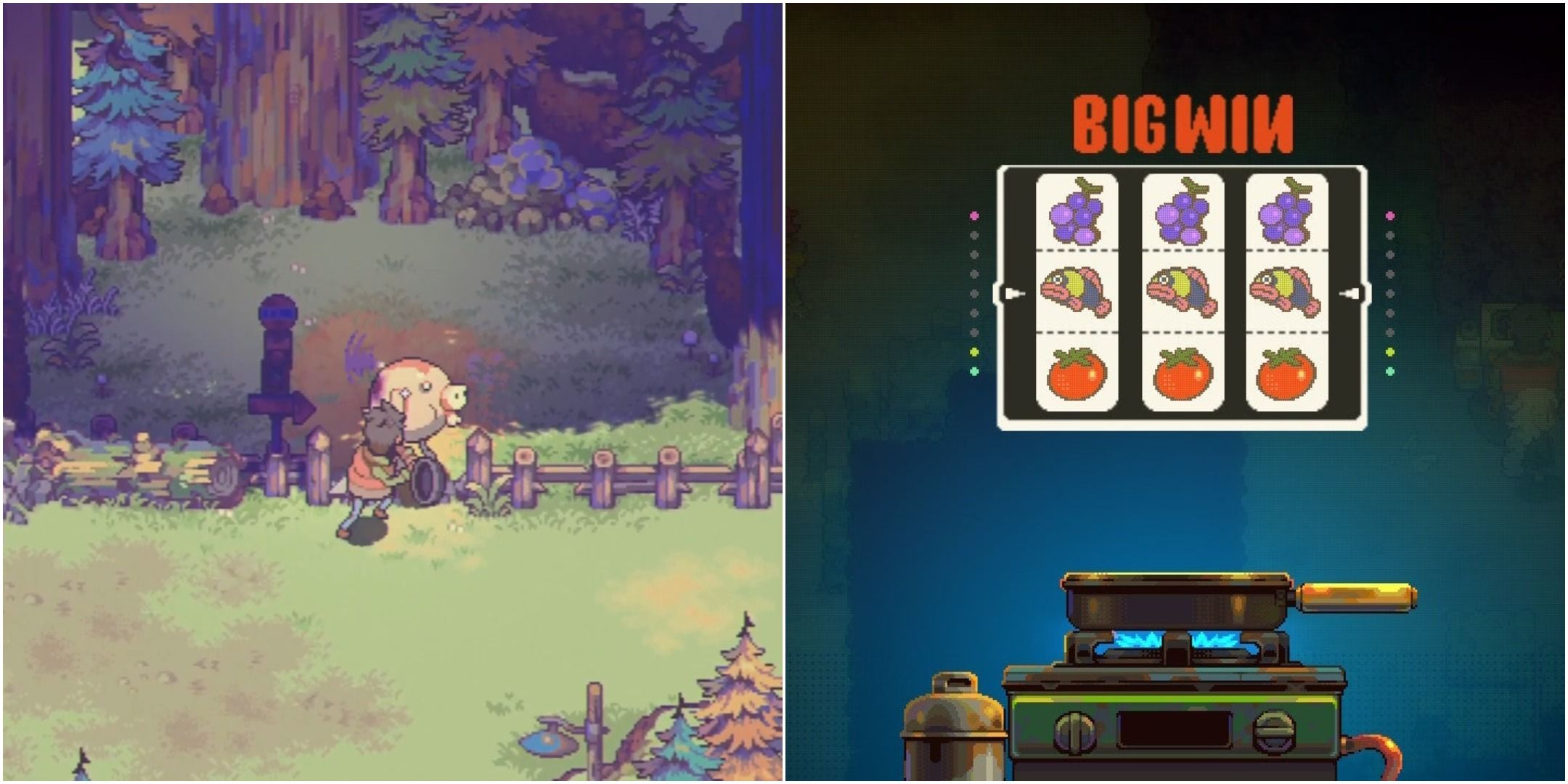 A collage showing two mini-games from Eastward