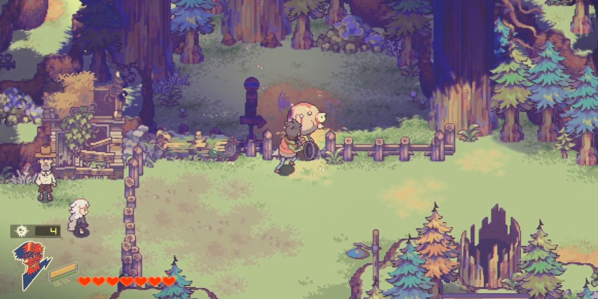 A screenshot showing gameplay from the blimpig herding mini-game in Eastward