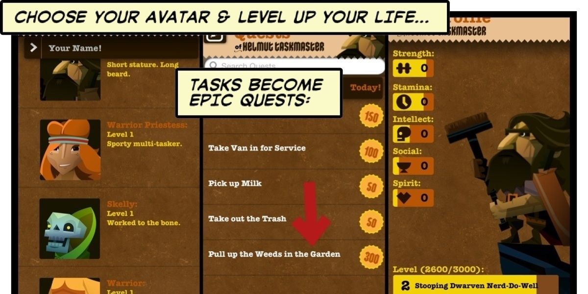 Three screens from Epic Win, including character profile and a task list