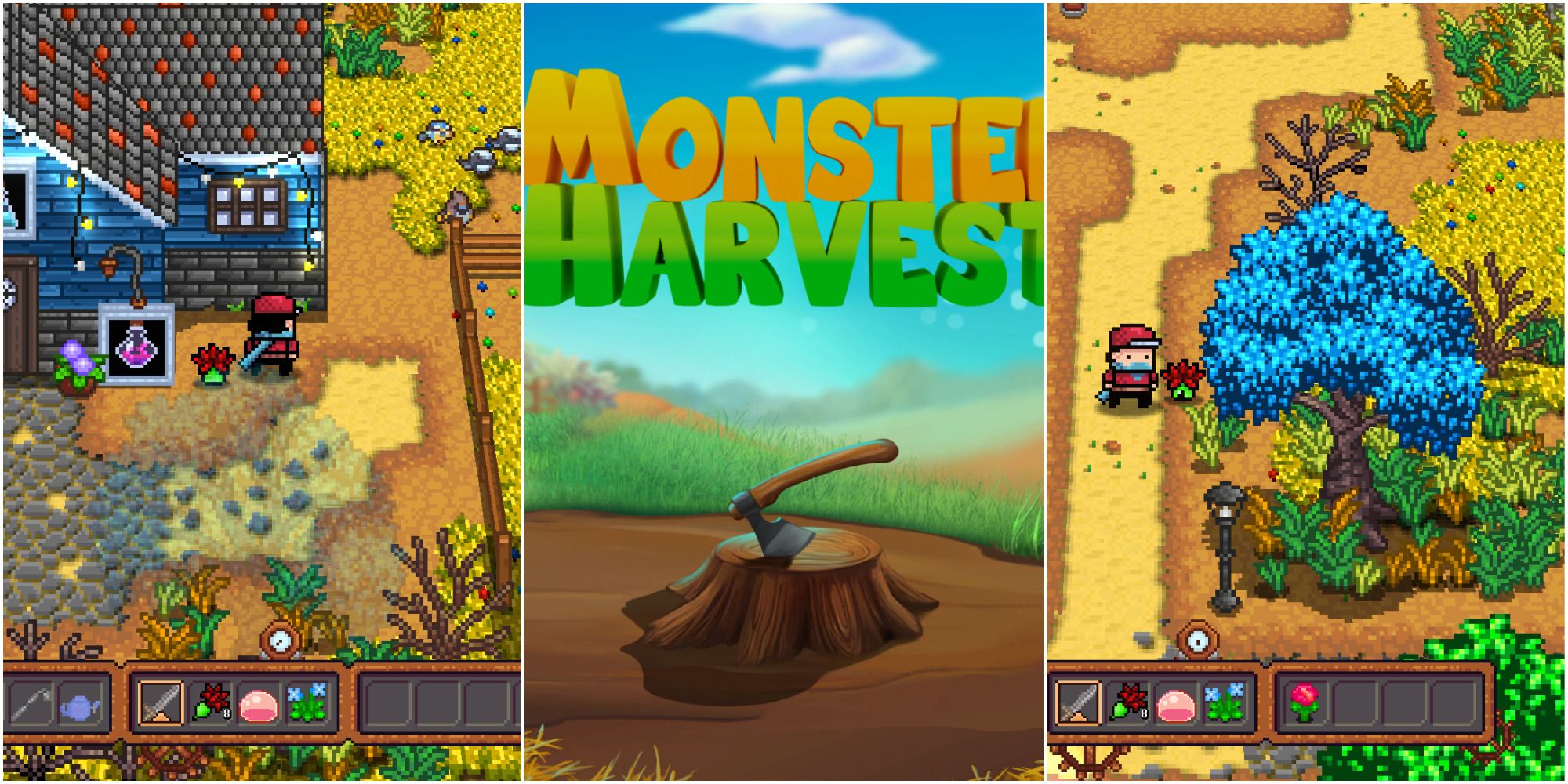 exploring village, monster harvest logo, near saloon featured