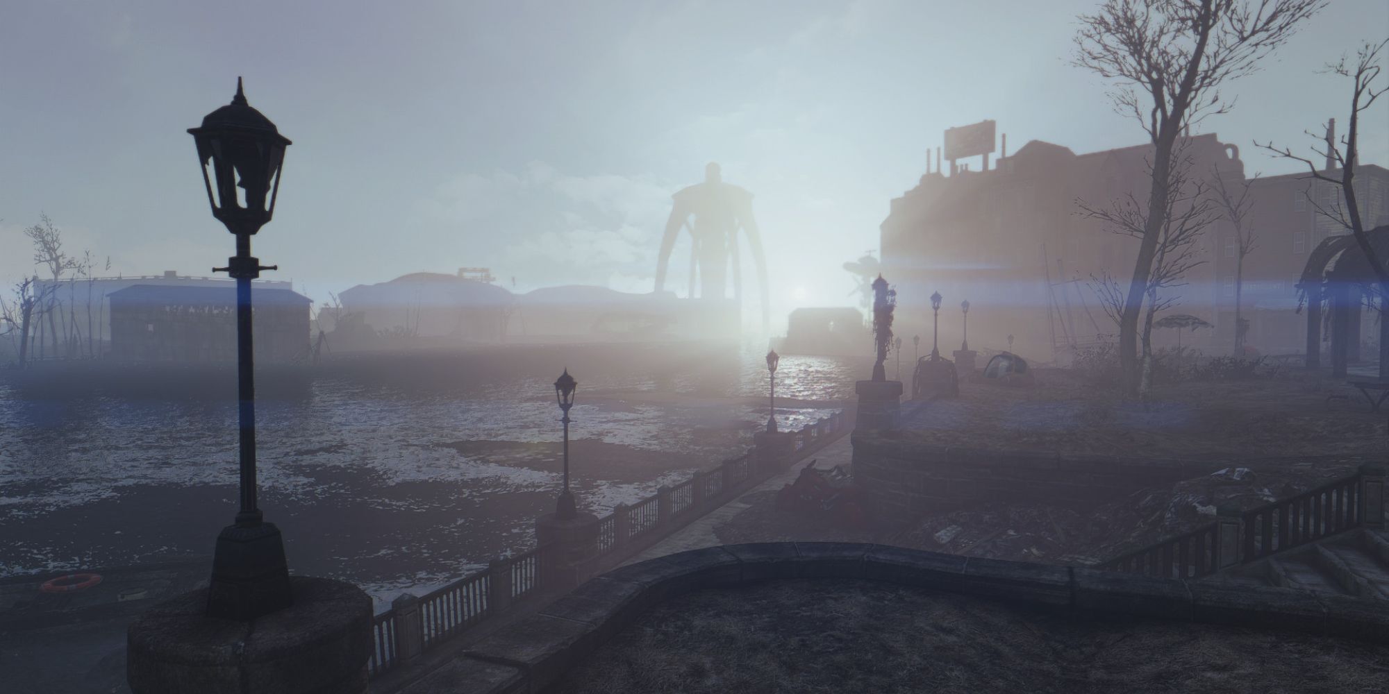 The sun over Boston during the daytime in Fallout 4