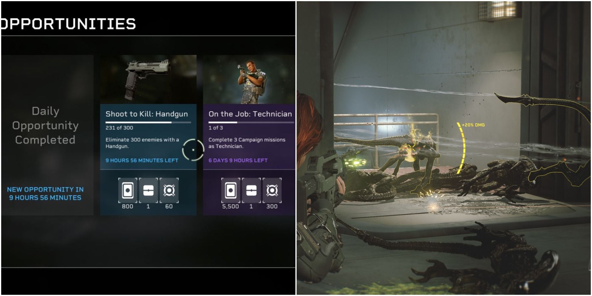 Aliens: Fireteam Elite Tactical Opportunities screen alongside gameplay of a Gunner killing a Xenomorph
