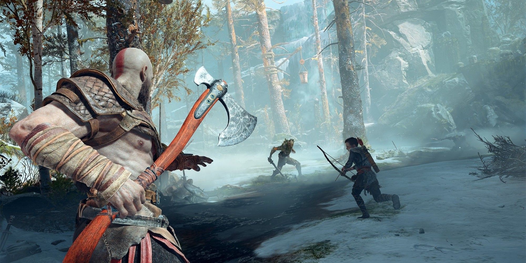 Kratos and Atreus work together to fight a Revenant in the forest in God Of War