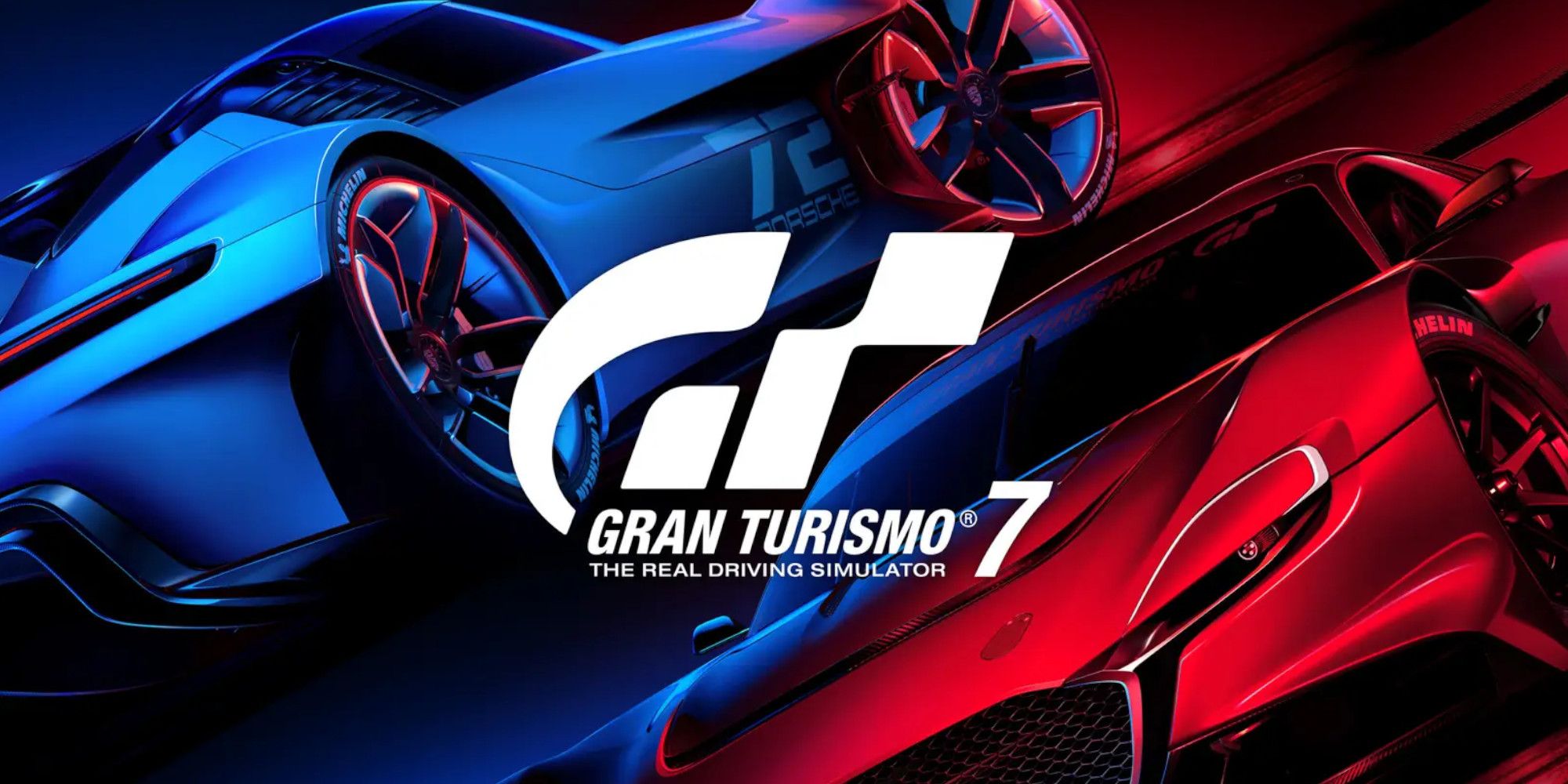 gram turismo promo art showing a blue porsche and red mazda passing each other