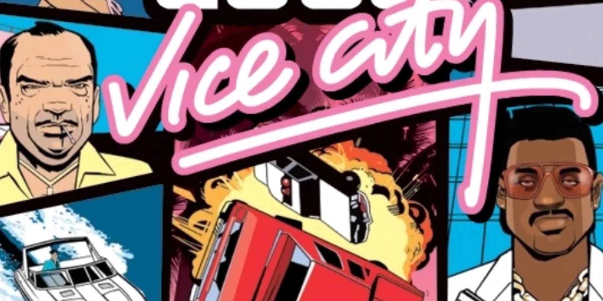 The cover art of GTA: Vice City, with the Vice City centered and the GTA logo cut off, showing various character illustrations and vehicle chase sequences.