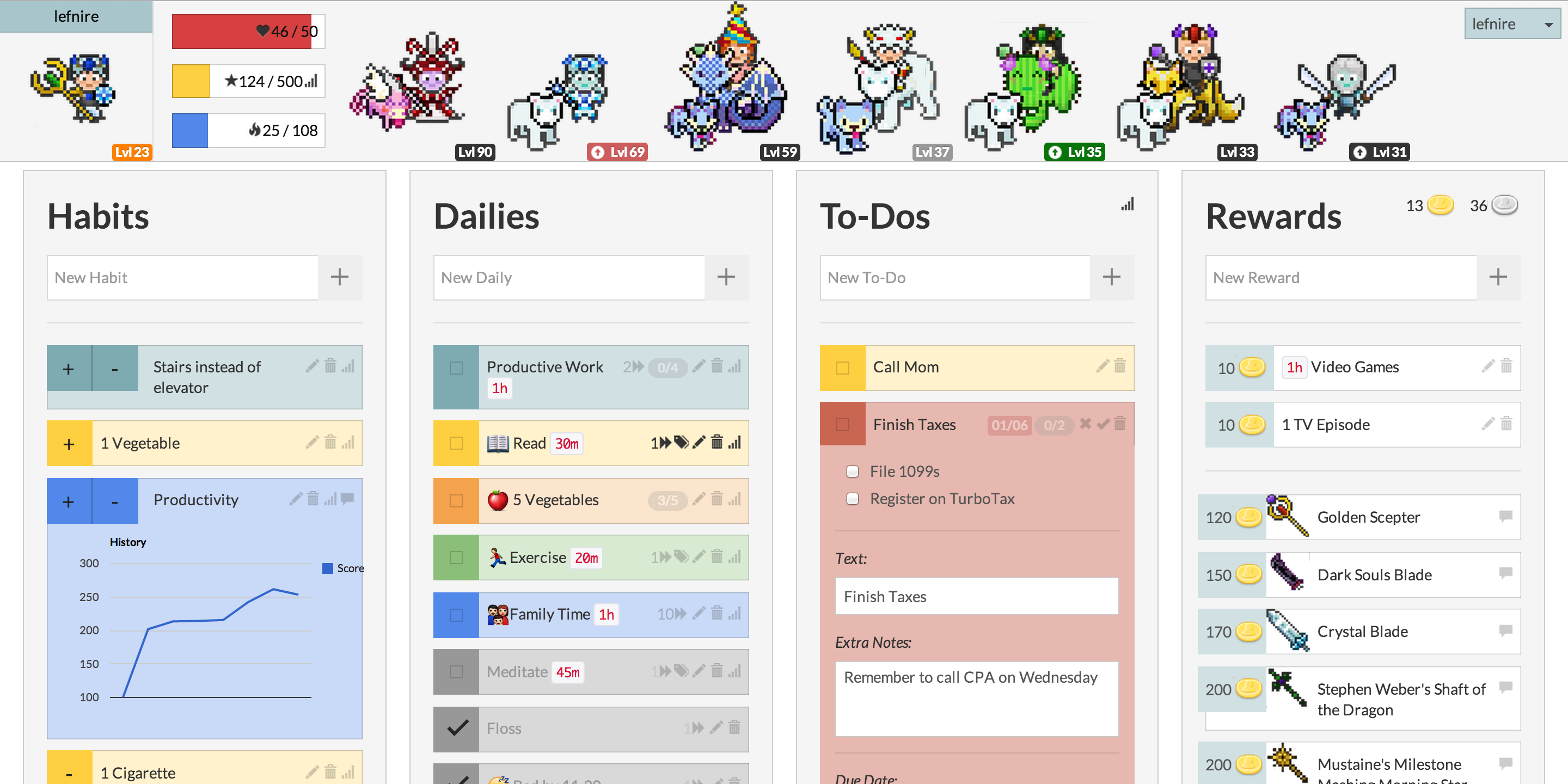Four screens for the game Habitica including habits, dailies, to-dos, and rewards