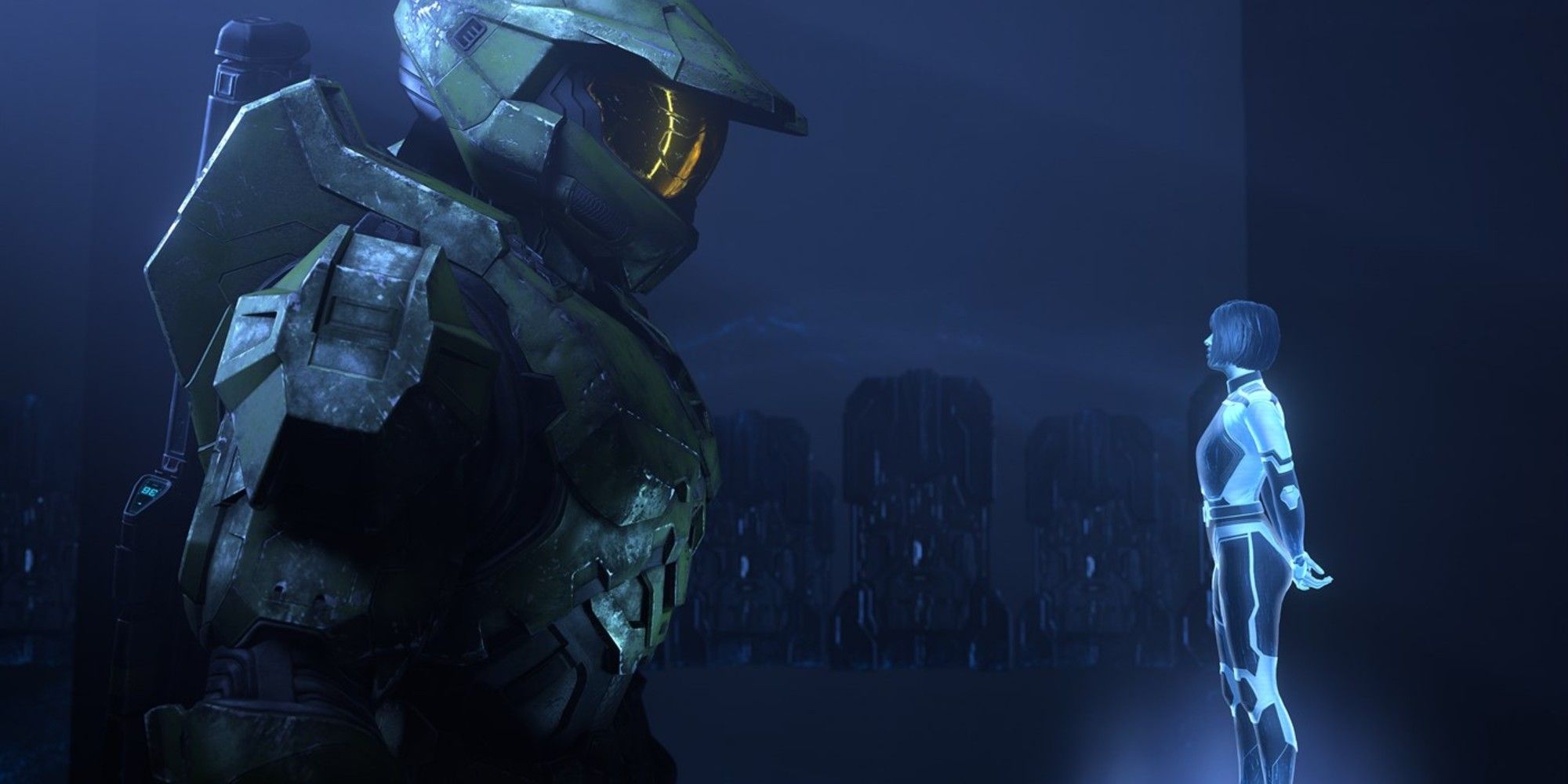 A screenshot showing Master Chief and Cortana in Halo Infinite