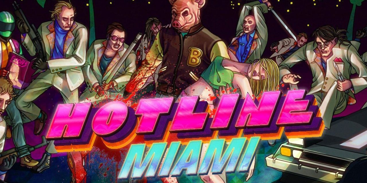 hotline miami tile with characters in masks in the background