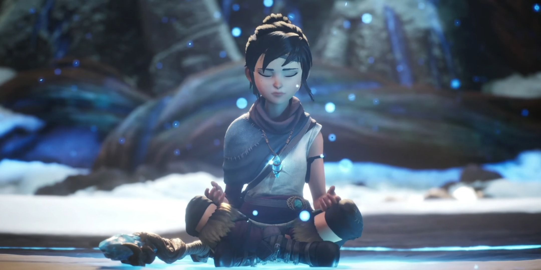 A screenshot showing Kena meditating at the climax of Kena: Bridge of Spirits