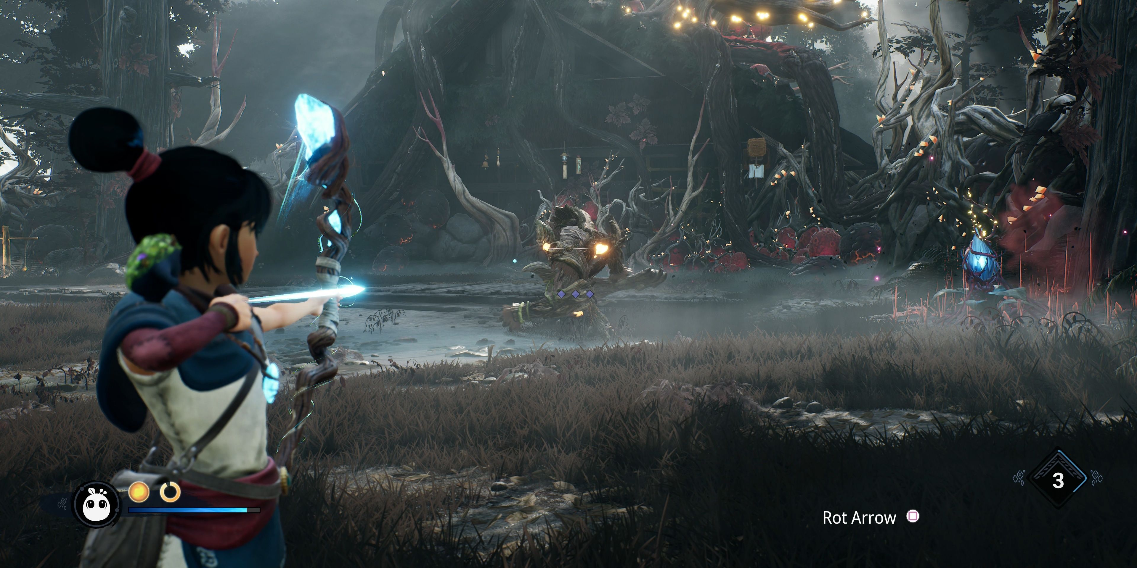 A screenshot showing gameplay in Kena: Bridge of Spirits