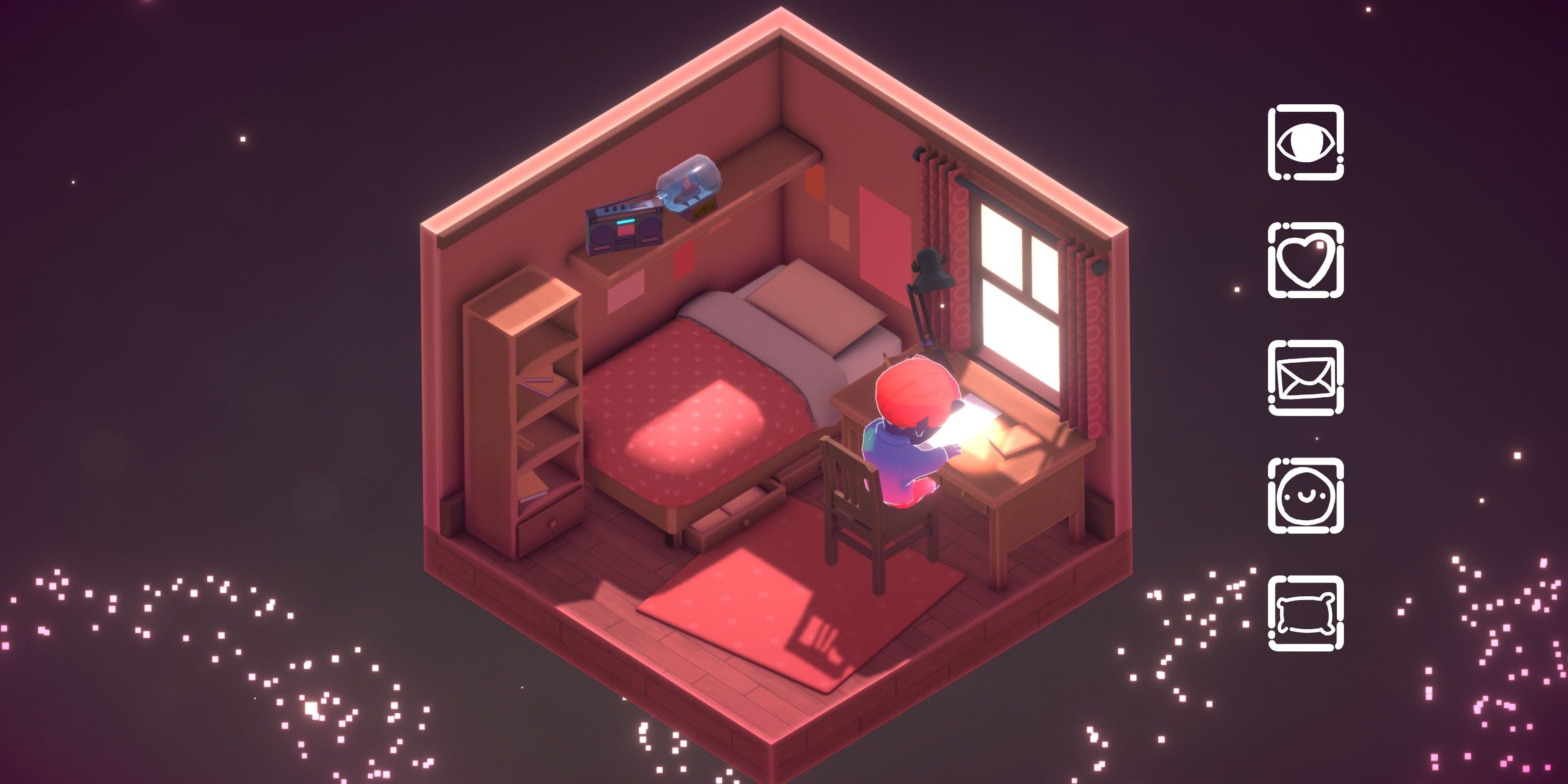 A game avatar with pink hair and horns sits at a desk in an isometric room writing a letter