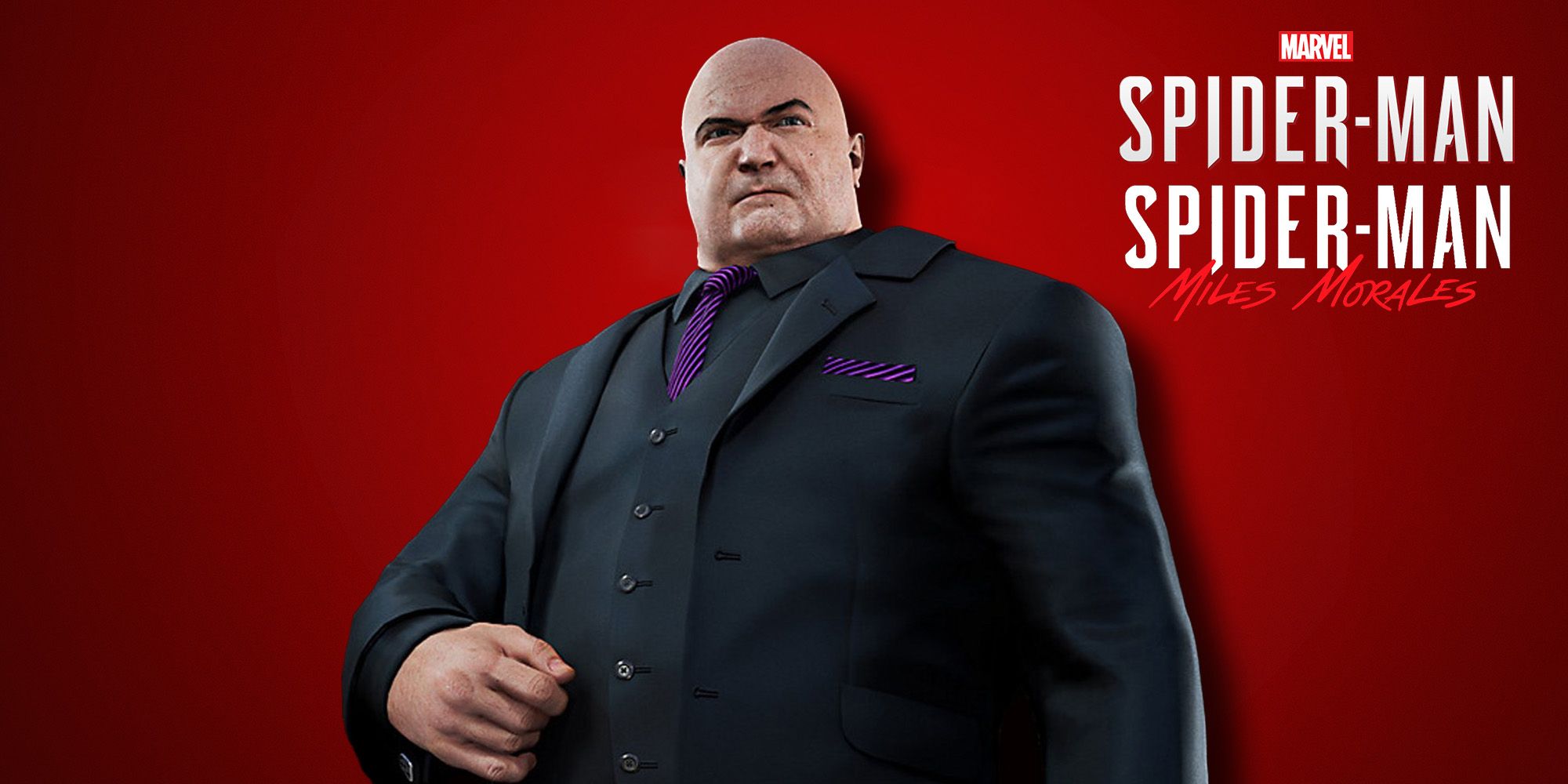 Wilson Fisk aka Kingpin in front of red backdrop. Spider-Man and Spider-Man: Miles Morales logo in top right of image. 