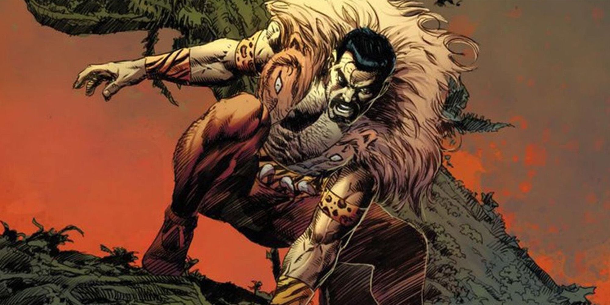 Kraven the Hunter superhero landing while wearing lion pelt.