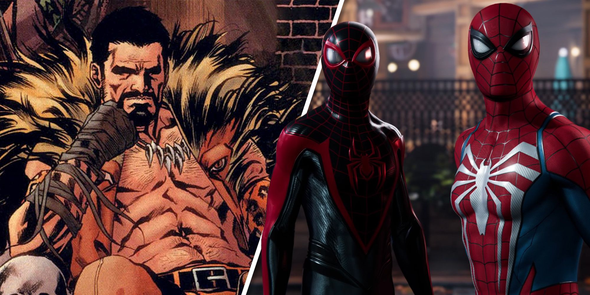 Split image: Kraven the Hunter sits on throne on the left. Miles Morales and Peter Parker from Spider-Man 2 first trailer on the right. 