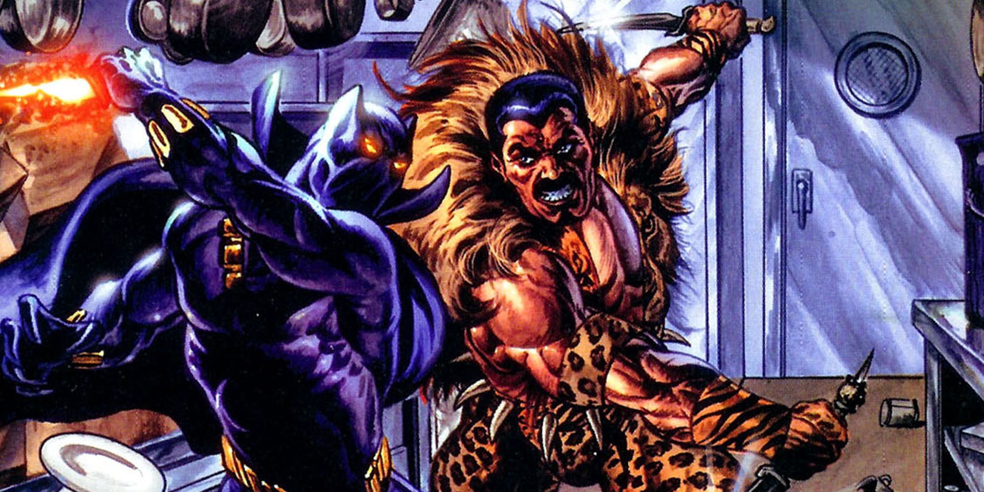Kraven the Hunter brawls with Black Panther in a kitchen. 