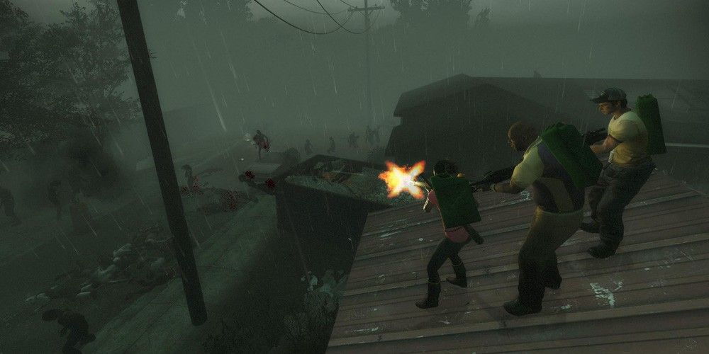 People shooting zombies from roof.
