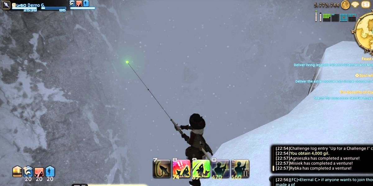 Lalafell fishing off snowy cliff. 