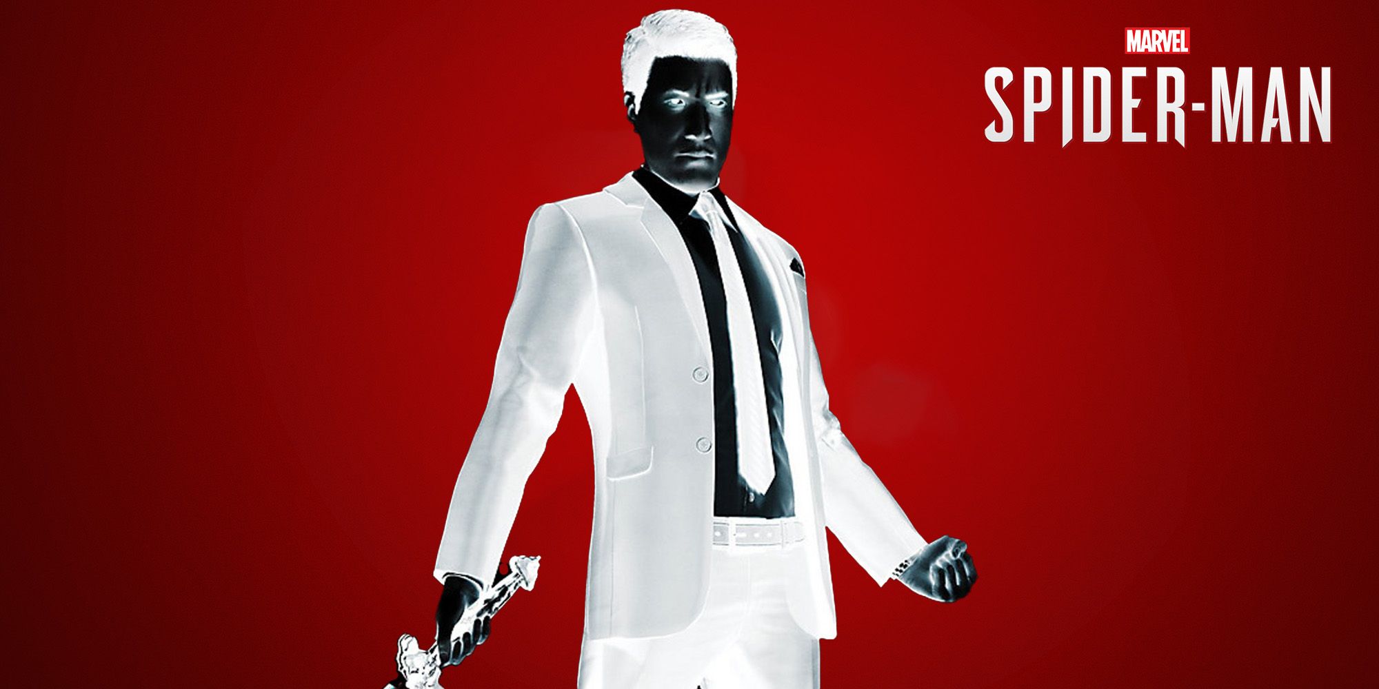 Mister Negative holding his sword and clenching fist. Red background. Spider-Man logo in top right of image. 