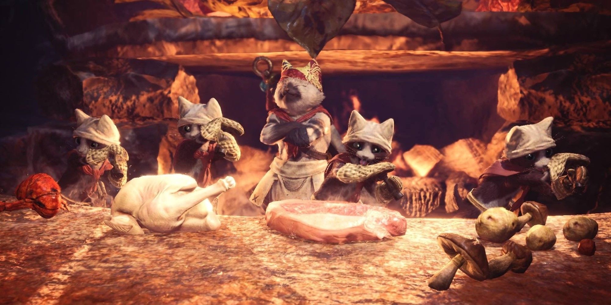 group of Palicoes preparing a meal in Monster Hunter World