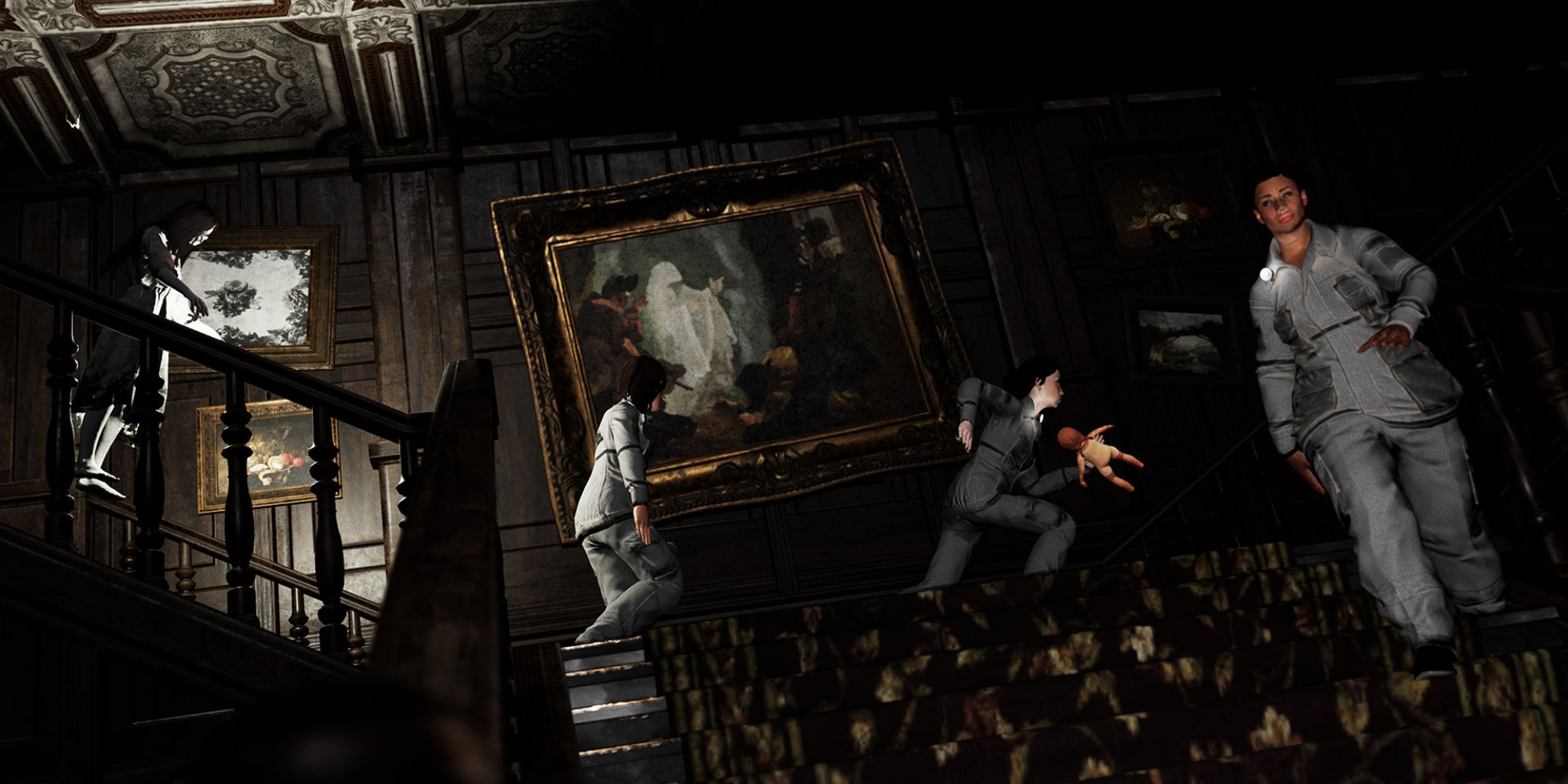 Four paranormal investigators retreat down an elaborate staircase surrounded by paintings