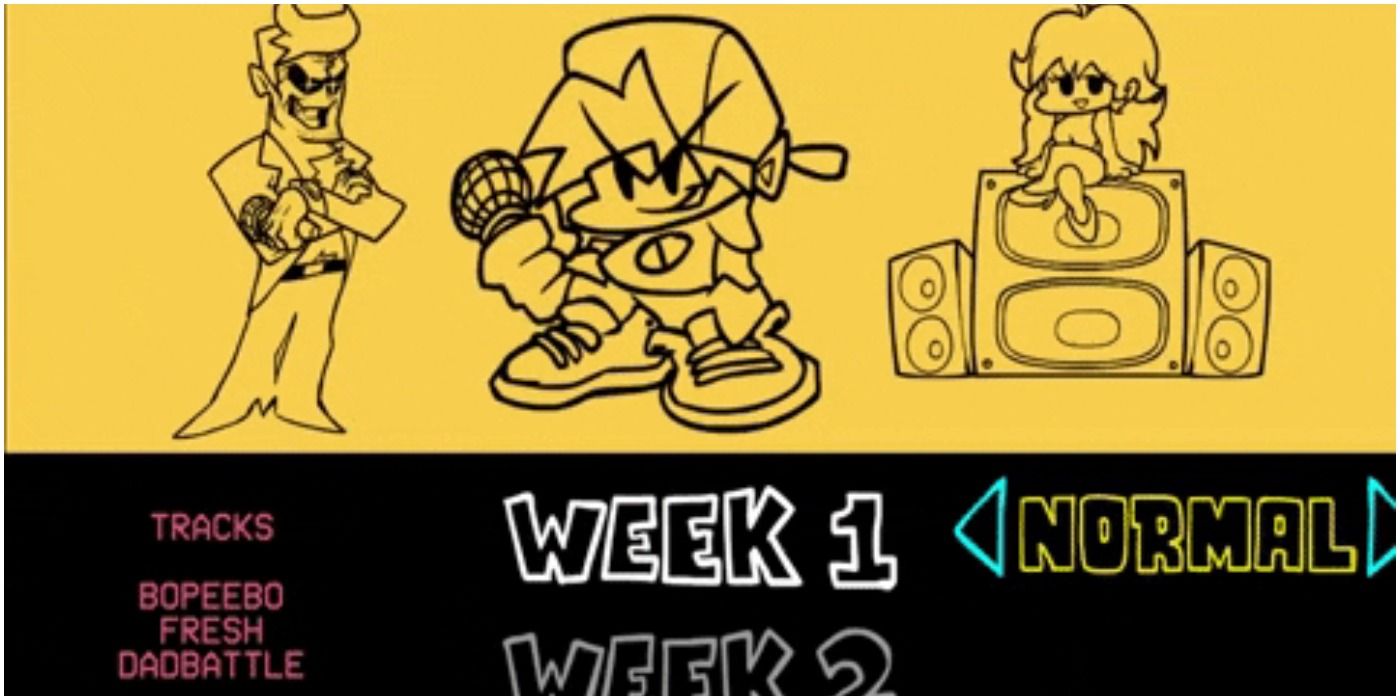 Selection Screen for Week 1 of Friday Night Funkin', Showing the Songs Bepeedo, Fresh and Dadbattle