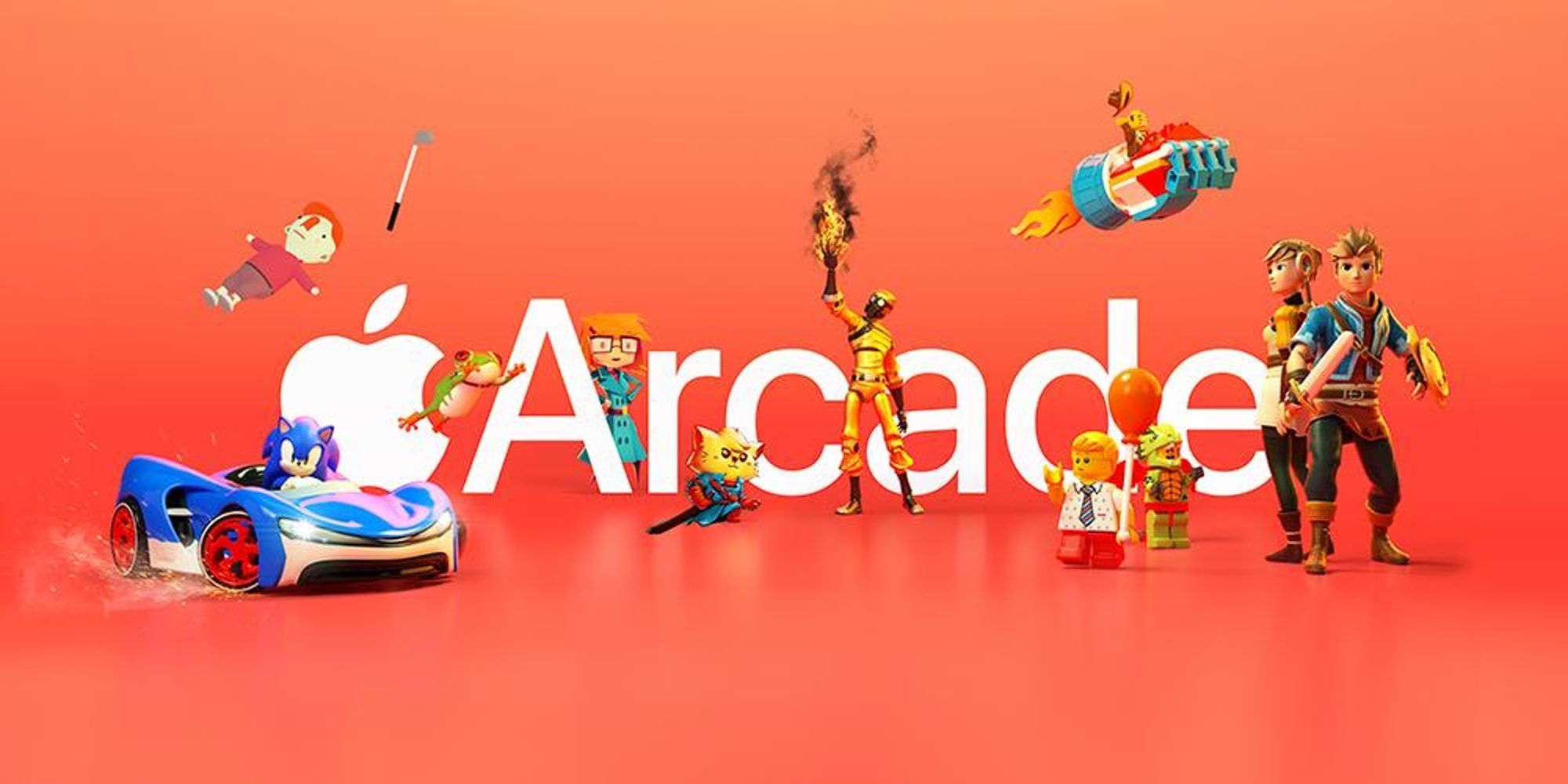 Apple Arcade with several video game characters intertwined, sonic, what the golf,