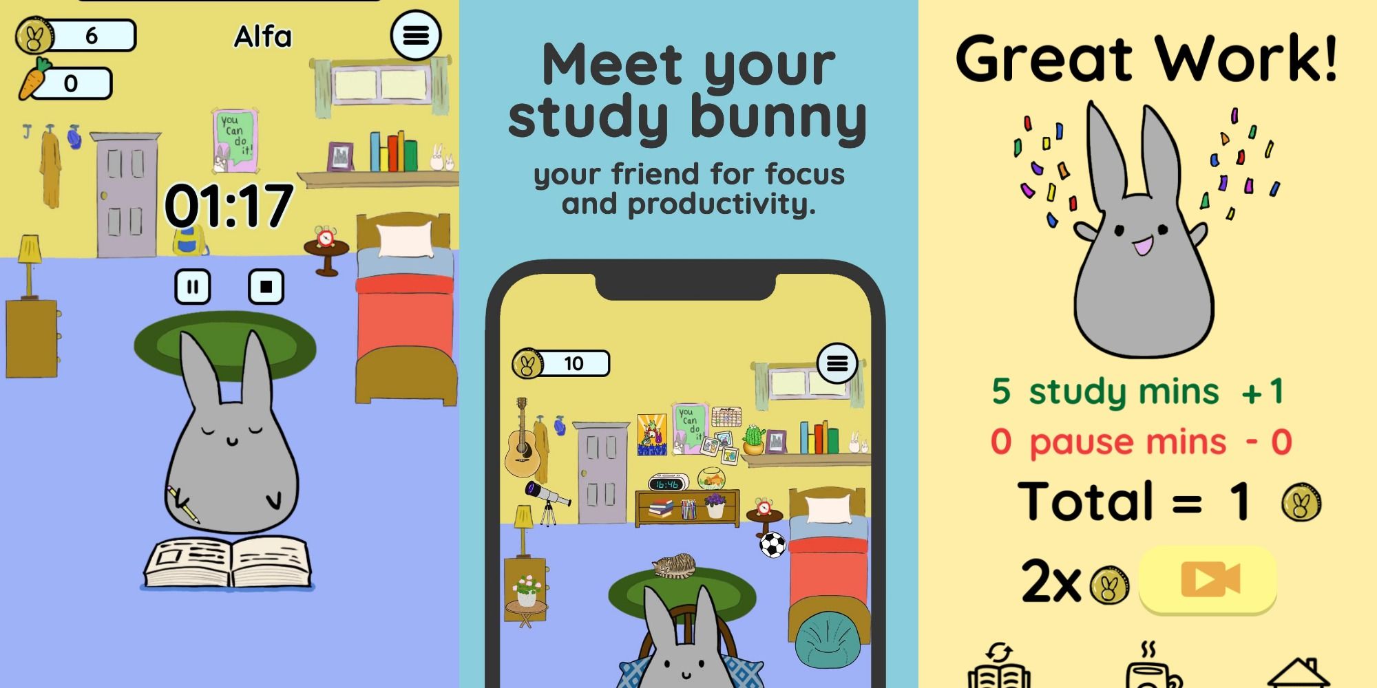 Split image of three screens from study bunny, one with a timer over study bunny, another which reads meet your study bunny, and a third which says great work over a picture of study bunny throwing confetti