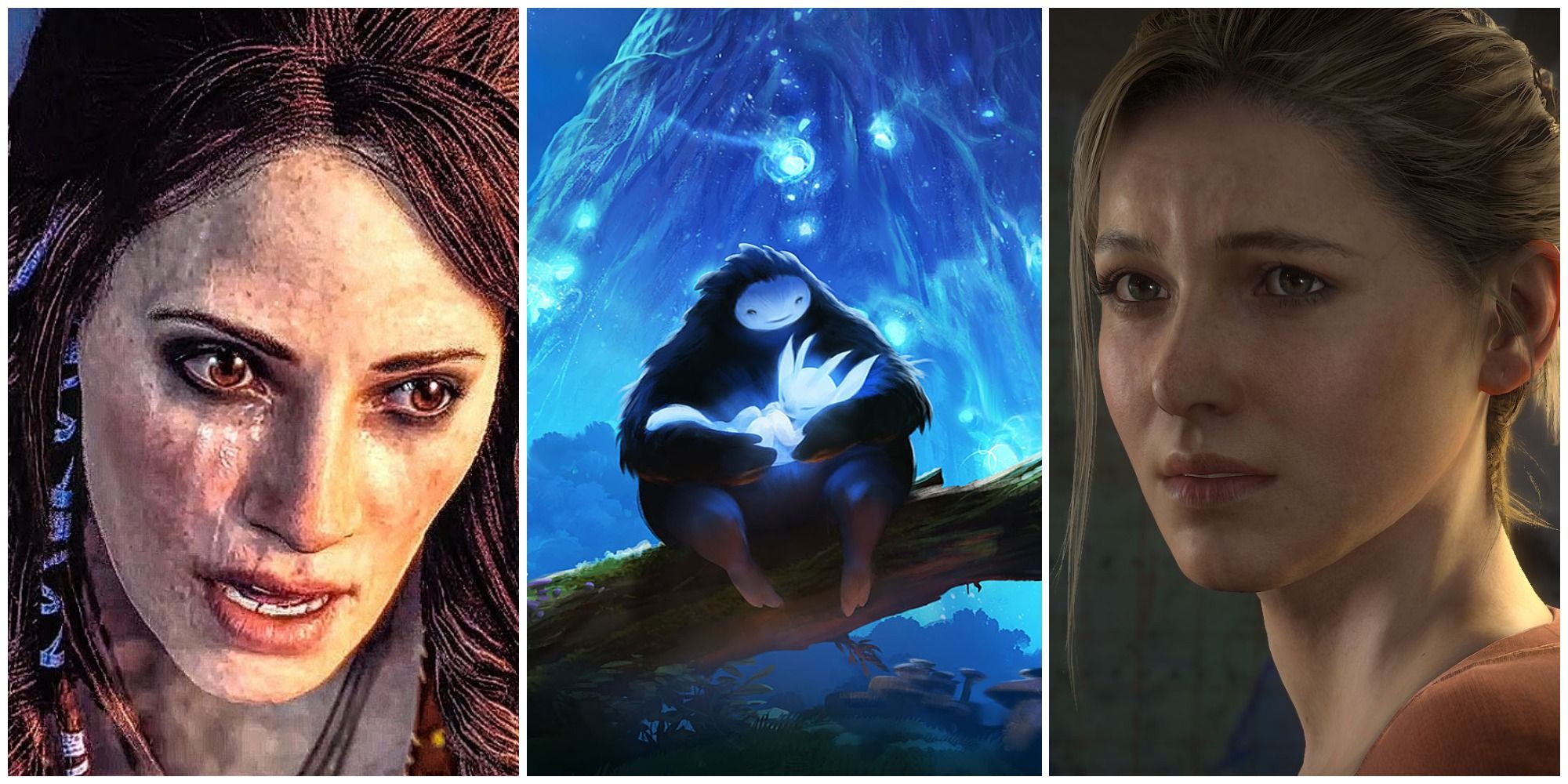 Split image of Freya from God of War, Naru from Ori and the Blind Forest hold Ori, and Elena from Uncharted 4