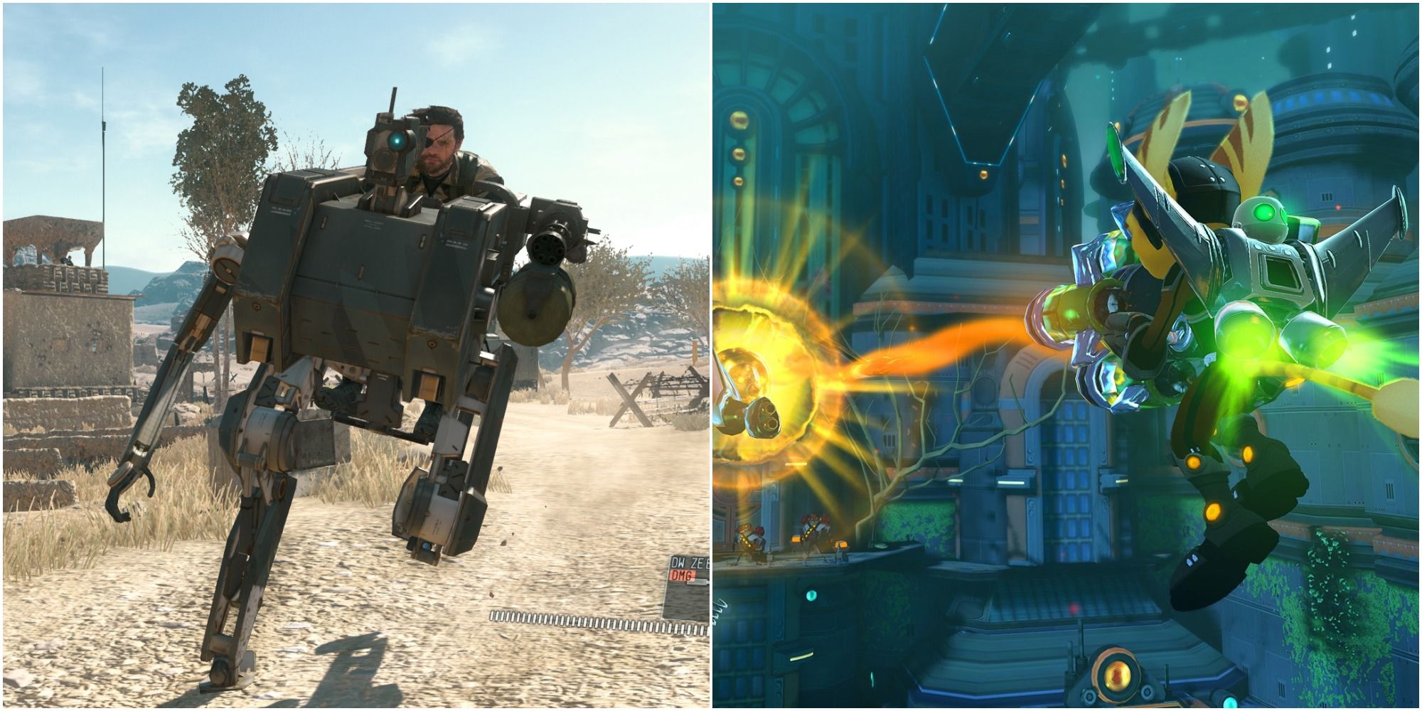 Riding A Robot In Metal Gear Solid 5 - Ratchet Using Clank To Glide As They Shoot At An Enemy