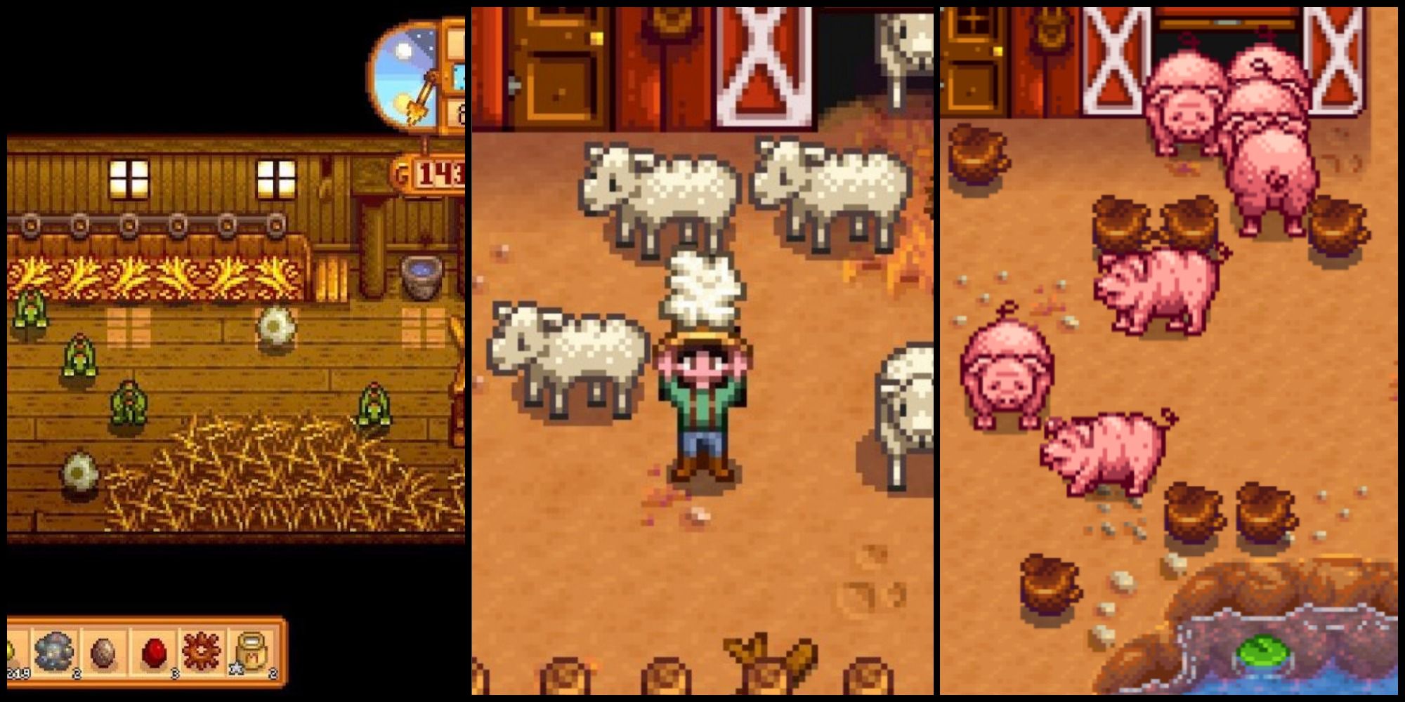 Stardew Valley Split Image of Dinosaurs in a Coop, Player Holding Wool, and Pigs Outside with Truffles