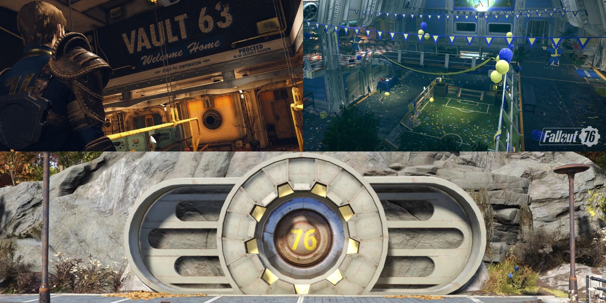 Fallout 76 Vaults Header with t6 entrance on bottom, Vault 63 screenshot with player character on top left and interior of 76 on top right