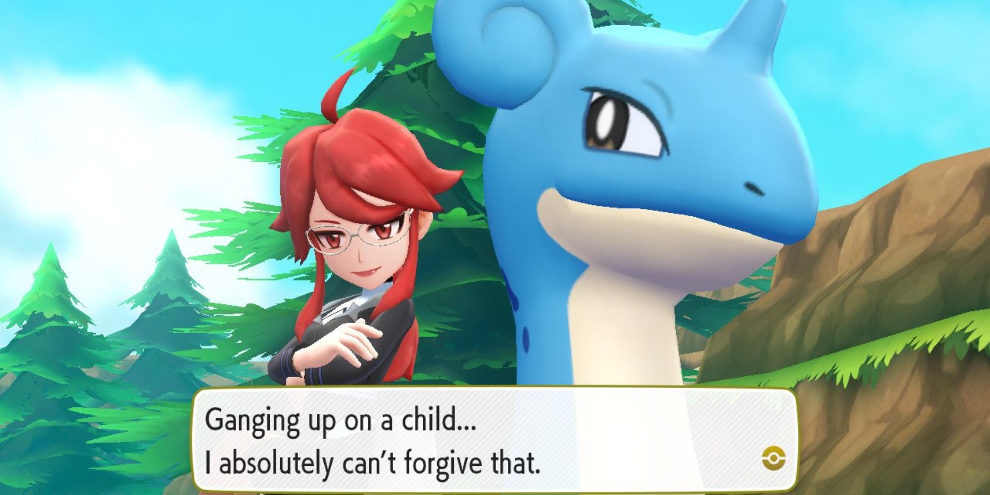 In game screenshot og trainer Lorelei riding Lapras and talking