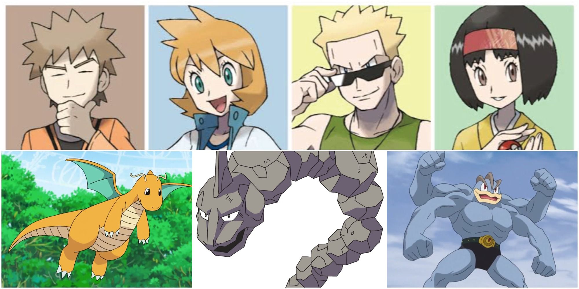 four pokemon trainers atop three pokemon, dragonite, onix, and machamp