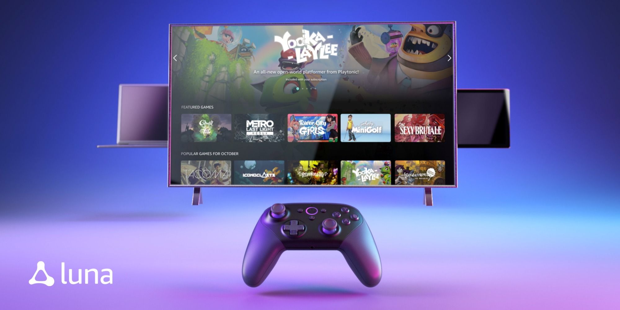 Amazon Luna with original controller and tv with yooka-laylee on screen as well as streaming screen