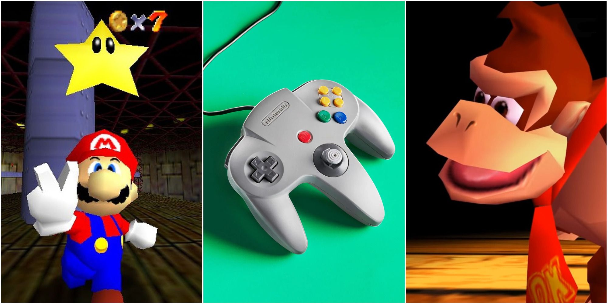 An N64 controller between Donkey Kong 64 and Super Mario 64